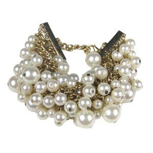 Imitation Pearl Multi Strand Bracelet Goldtone Chain Charm Statement Adjustable